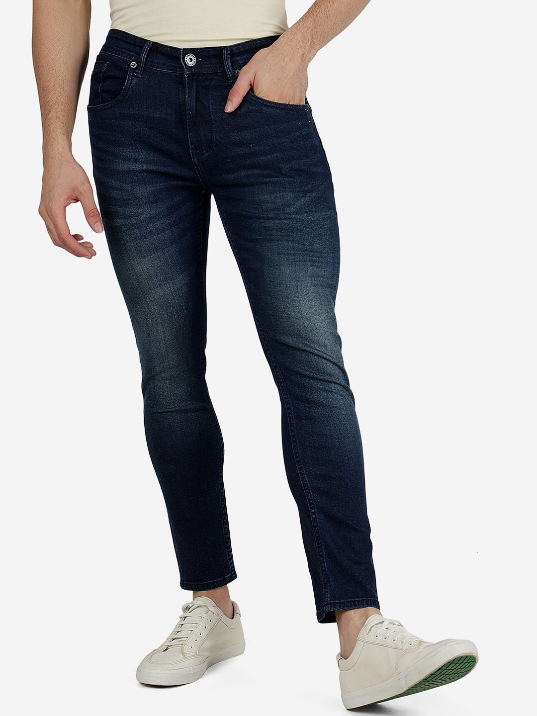 

Greenfibre Men Slim Fit Mid-Rise Heavy Fade Clean Look Stretchable Jeans, Navy blue