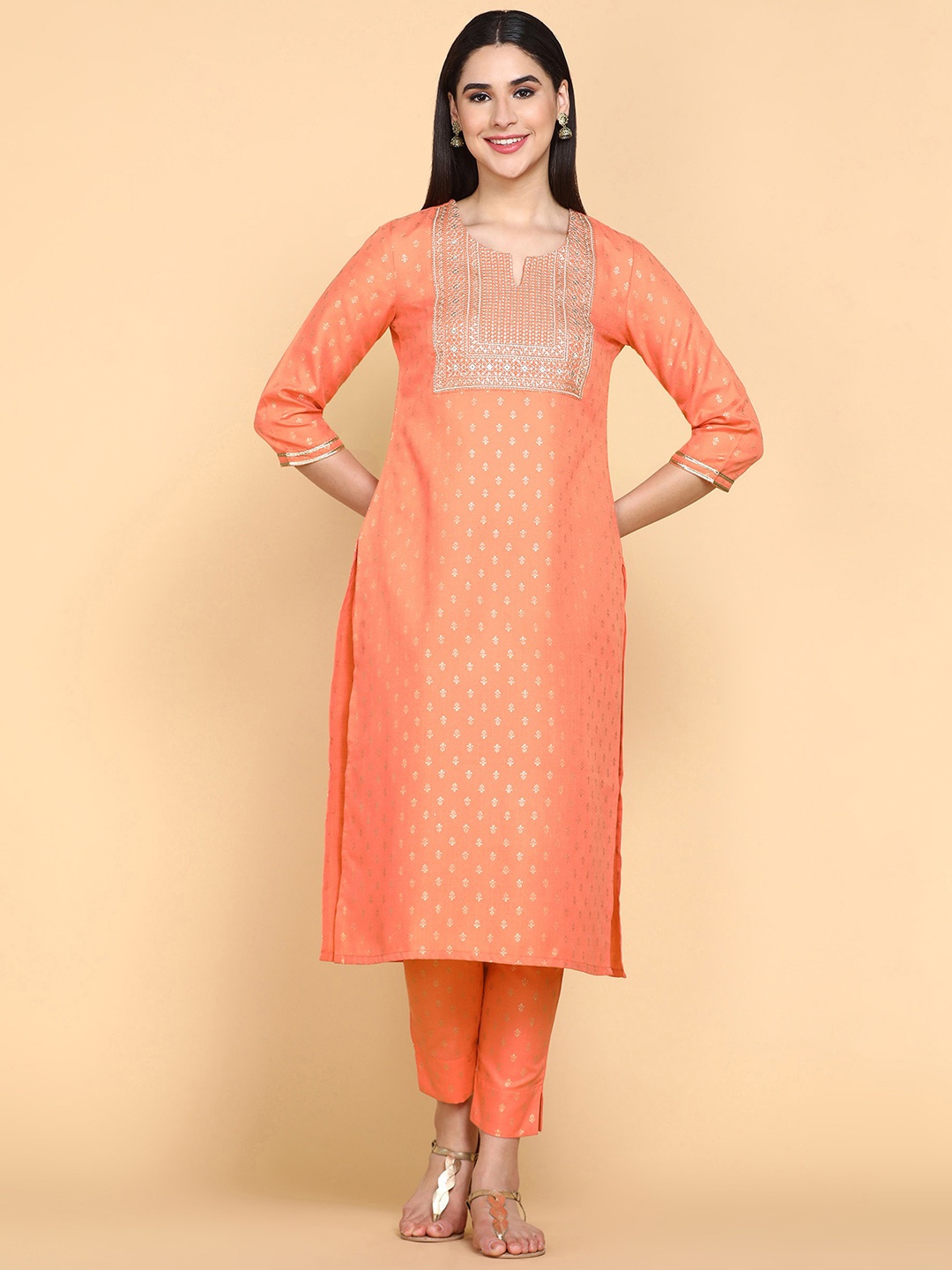 

KALINI Ethnic Motifs Yoke Design Foil Printed Thread Work Pure Cotton Kurta With Salwar, Peach