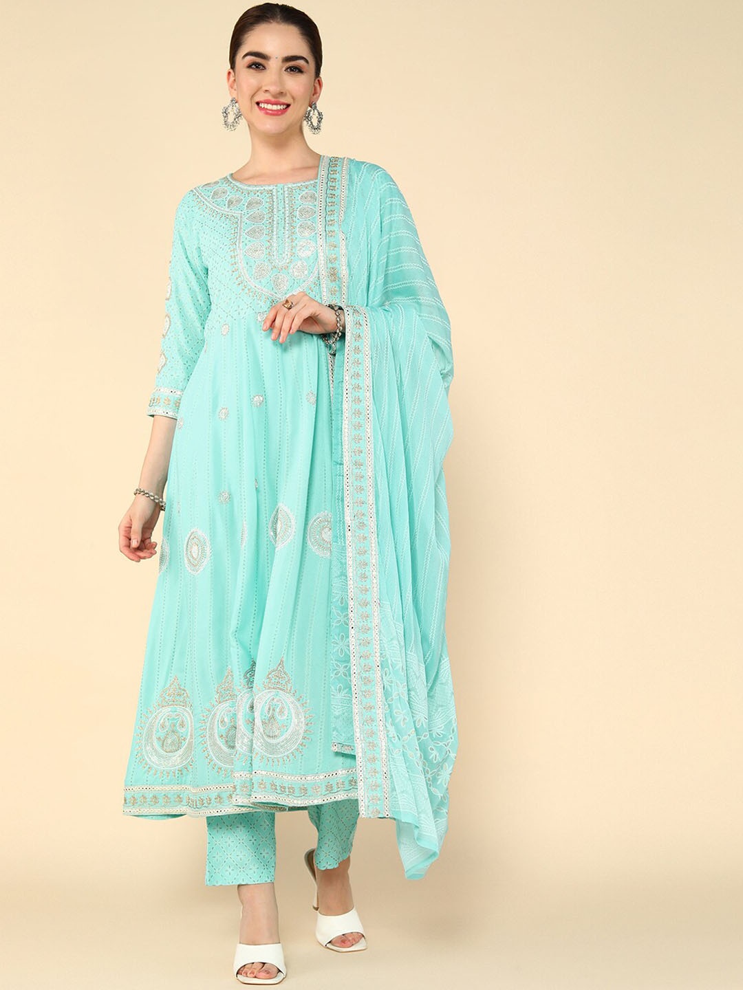 

KALINI Ethnic Motifs Embroidered Thread Work Anarkali Kurta With Palazzos & Dupatta, Blue