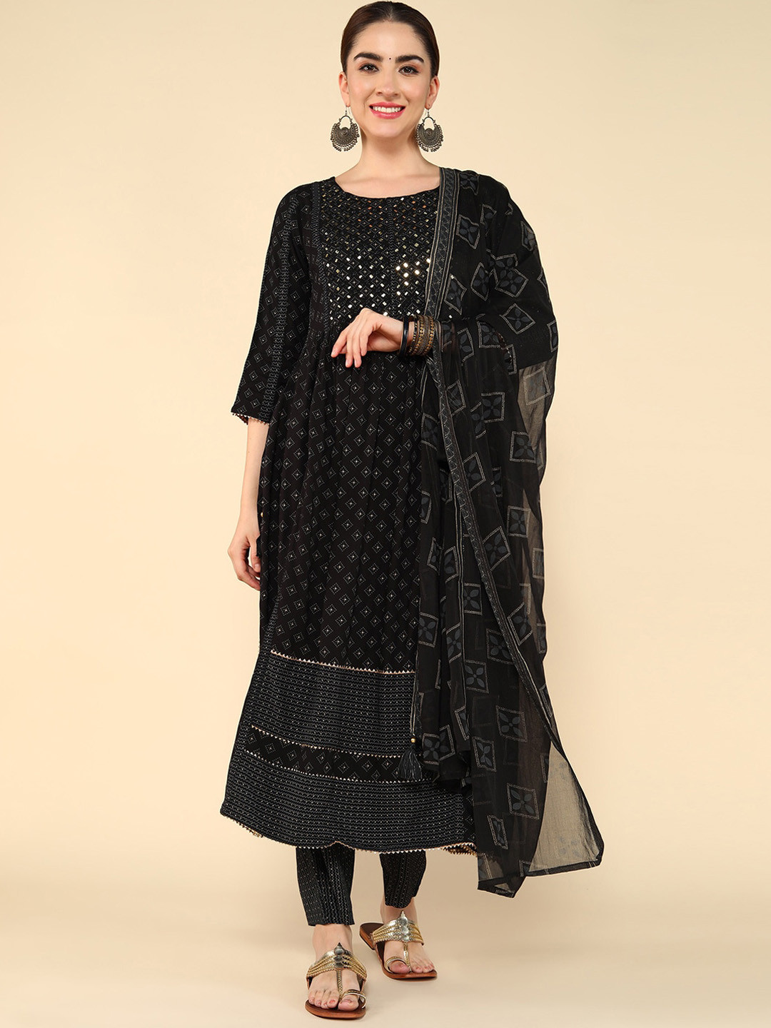

KALINI Geometric Embroidered High Slit Mirror Work Anarkali Kurta With Trousers & Dupatta, Black
