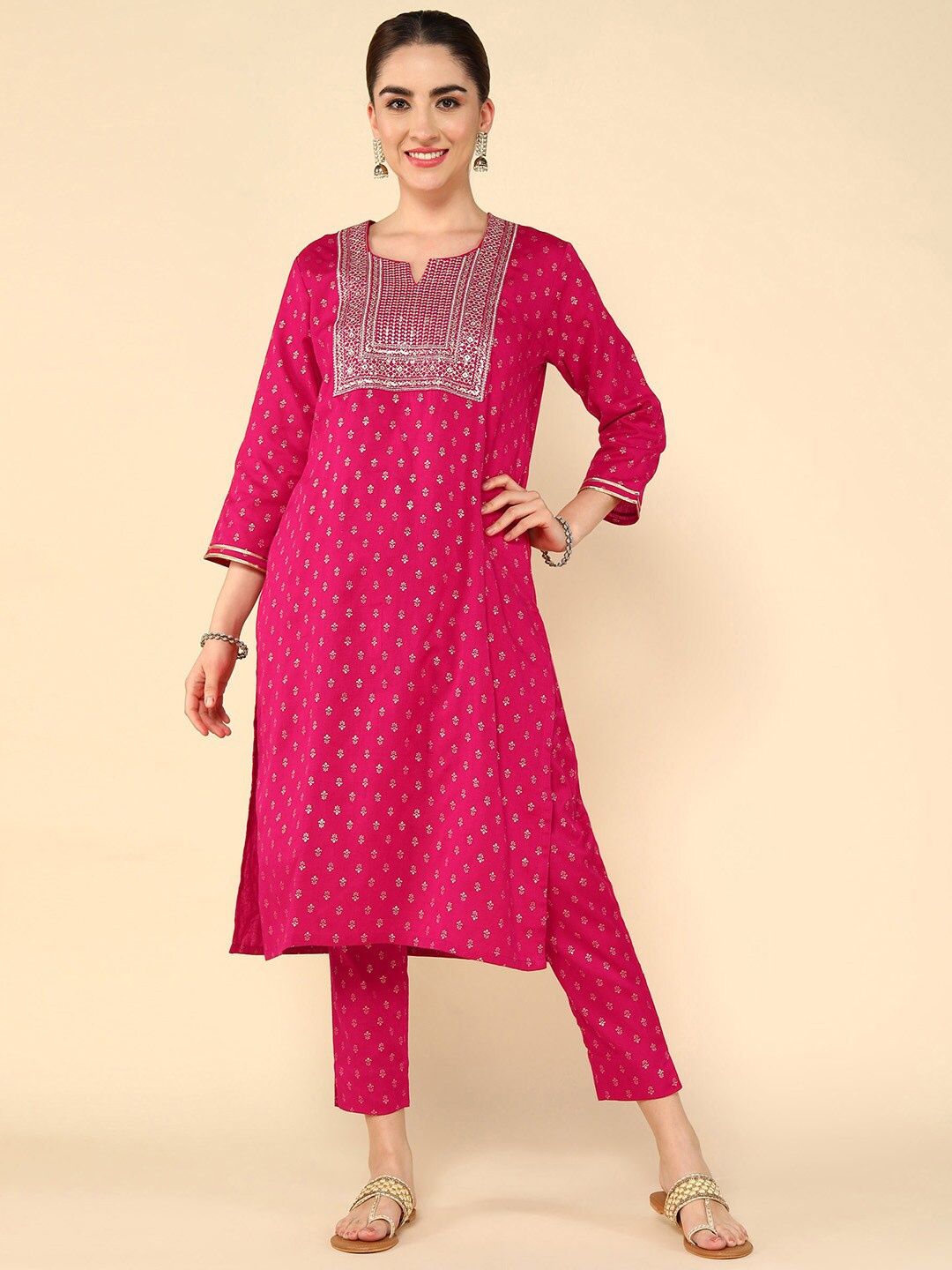 

KALINI Ethnic Motifs Yoke Design Zari Sequinned Pure Cotton Kurta With Trousers & Dupatta, Pink