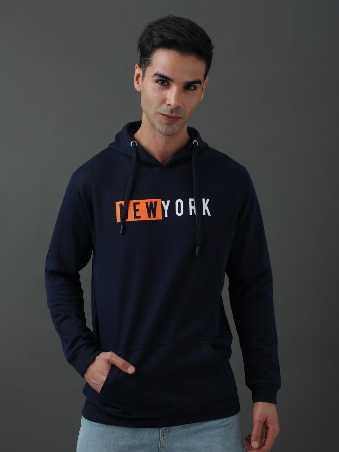 

ADRO Typography Printed Hooded Pure Cotton Sweatshirt, Navy blue