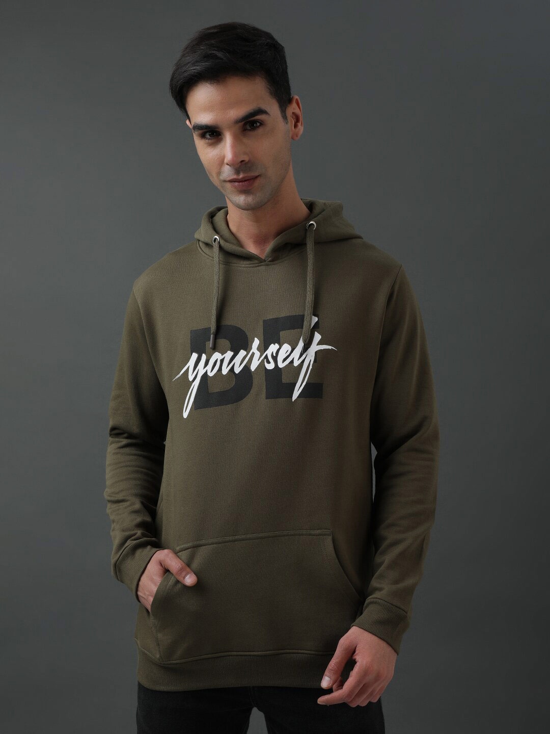 

ADRO Typography Printed Hooded Pullover Sweatshirt, Olive