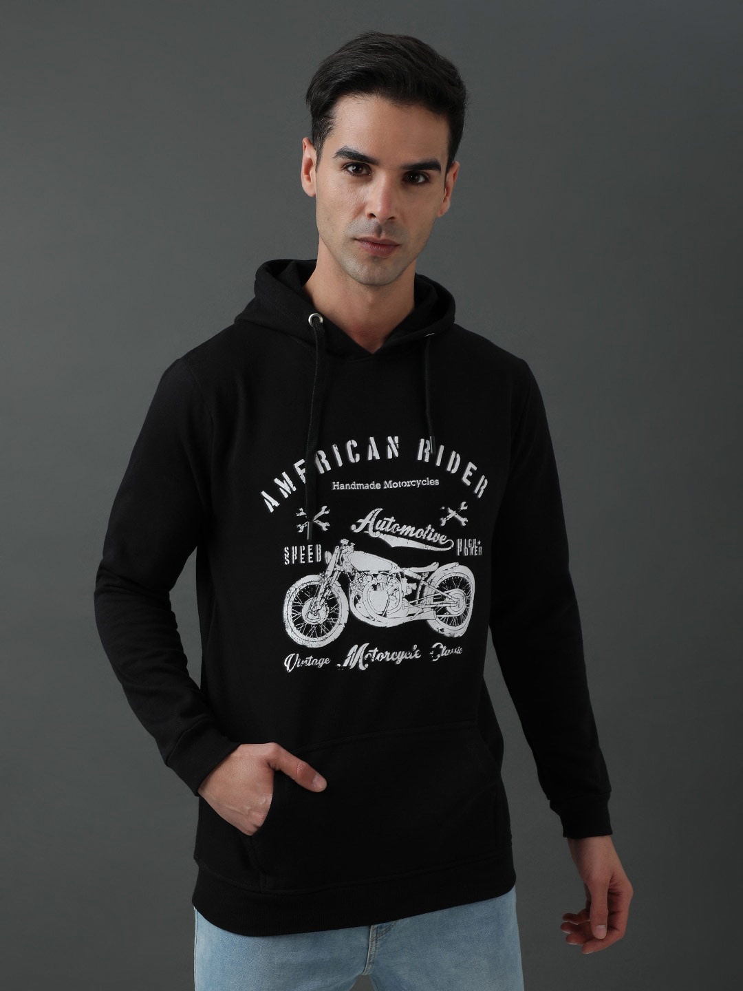 

ADRO Typography Printed Hooded Pullover Sweatshirt, Black