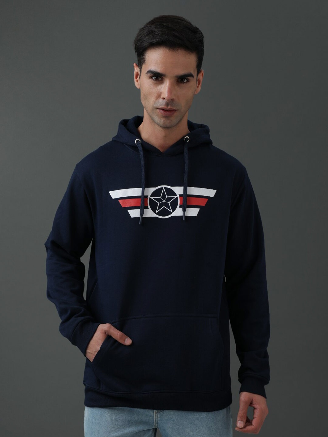 

ADRO Graphic Printed Hooded Cotton Fleece Pullover Sweatshirt, Navy blue