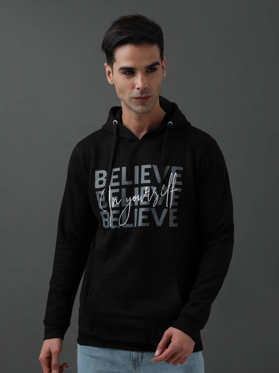 

ADRO Typography Printed Hooded Pullover Sweatshirt, Black