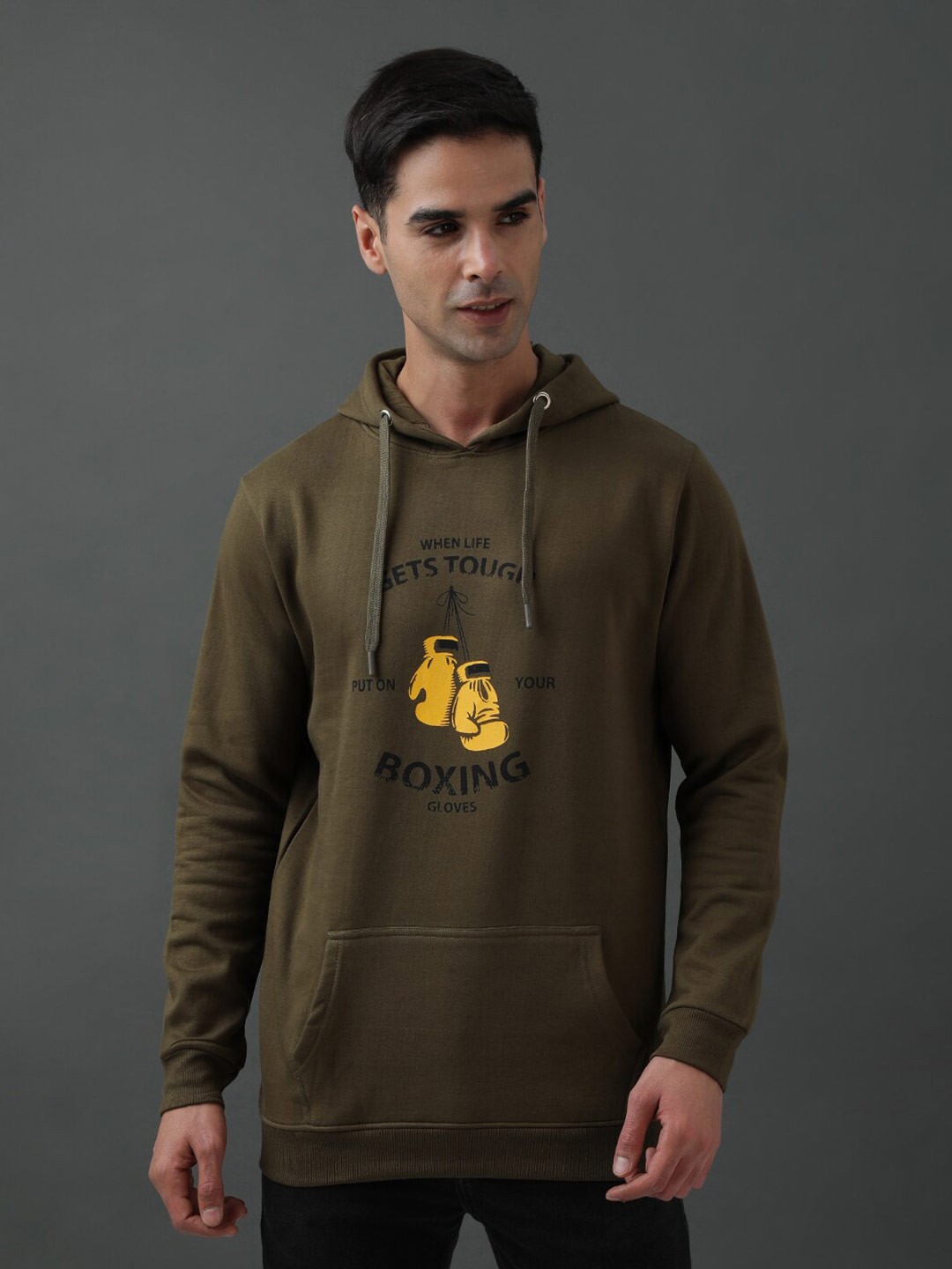 

ADRO Graphic Printed Hooded Long Sleeves Cotton Pullover Sweatshirt, Olive