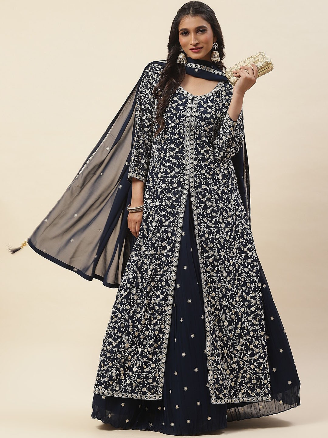 

Meena Bazaar Embroidered Kurta with Skirt & With Dupatta, Teal