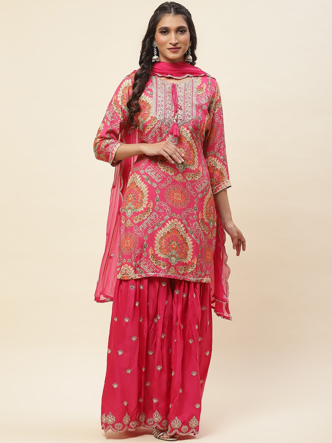 

Meena Bazaar Ethnic Motifs Printed Sequined Straight Kurta & Sharara With Dupatta, Pink
