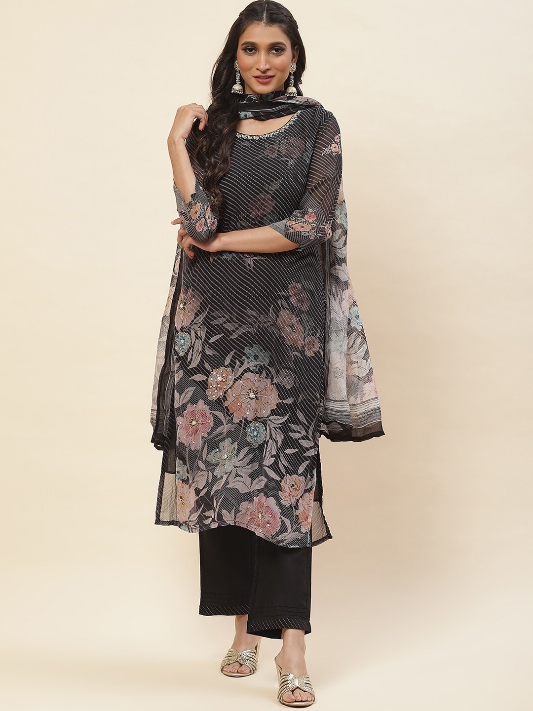 

Meena Bazaar rinted Kurta with Trousers & Dupatta, Black