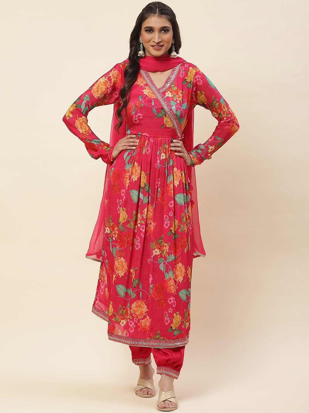 

Meena Bazaar Floral Printed Sequinned Angrakha Kurta With Trousers & Dupatta, Pink