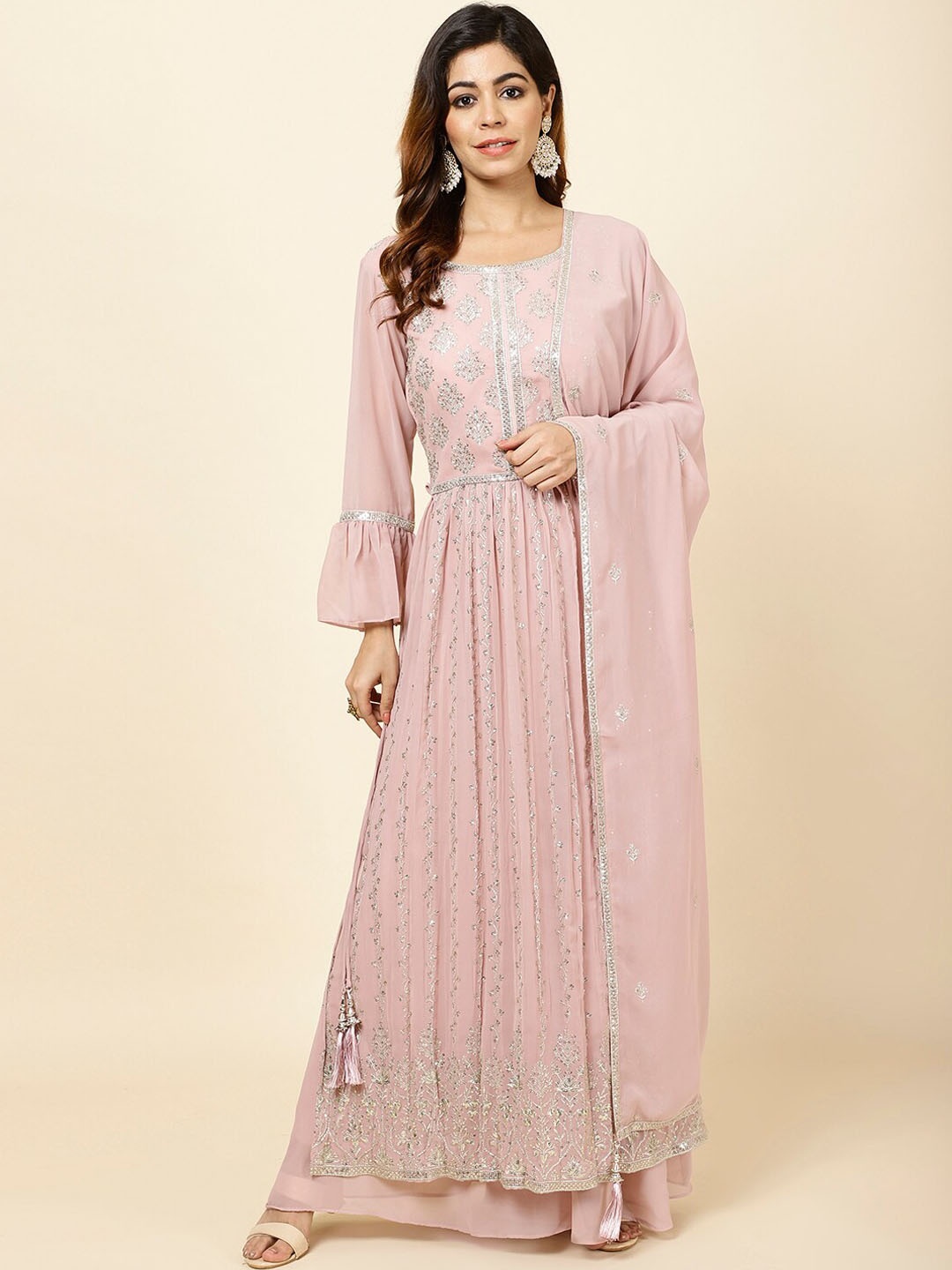 

Meena Bazaar Floral Embroidered Sequined Straight Kurta & Palazzos With Dupatta, Pink