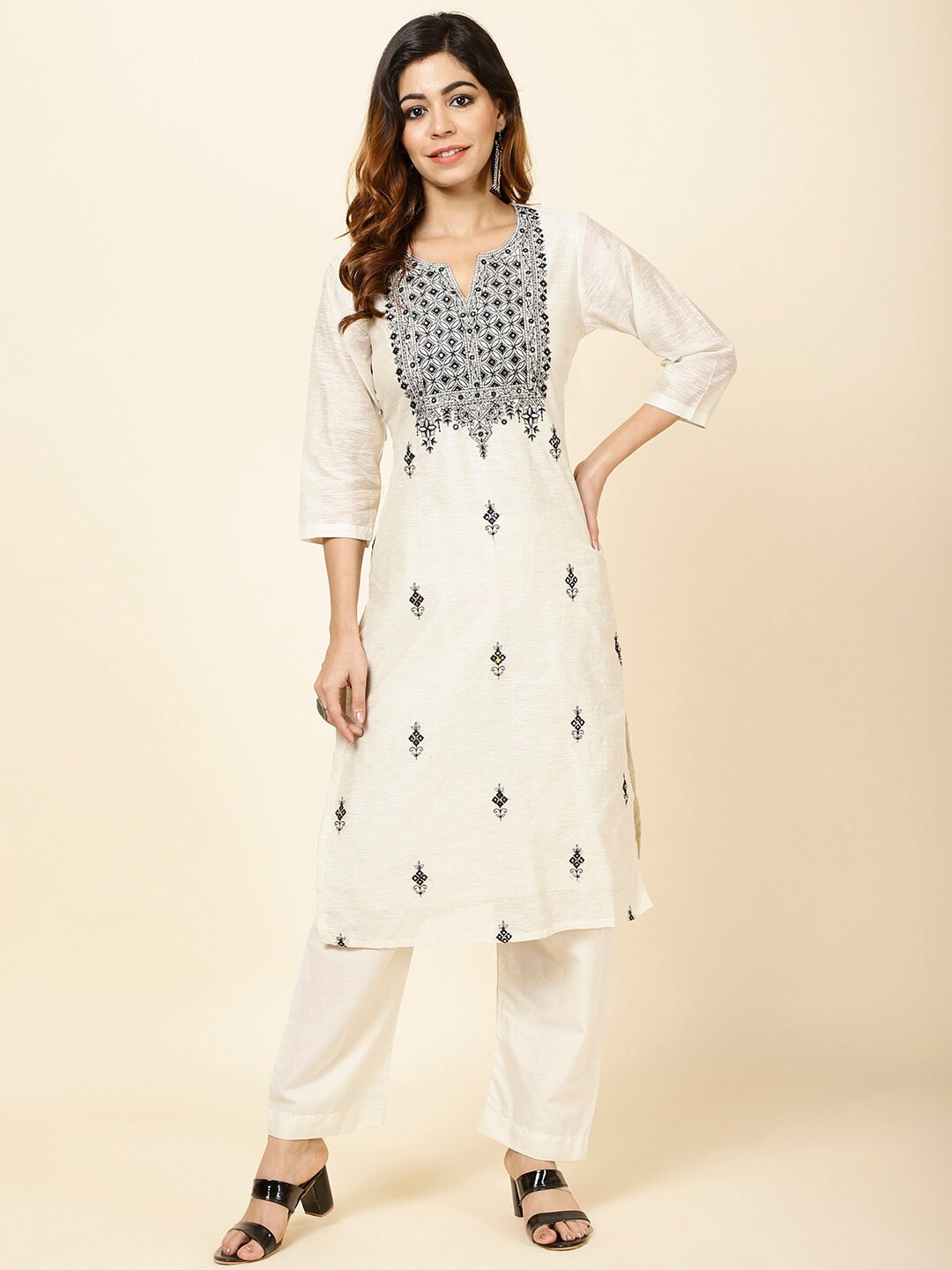

Meena Bazaar Ethnic Motifs Mirror Work Embroidered Regular Kurta With Trousers, Cream