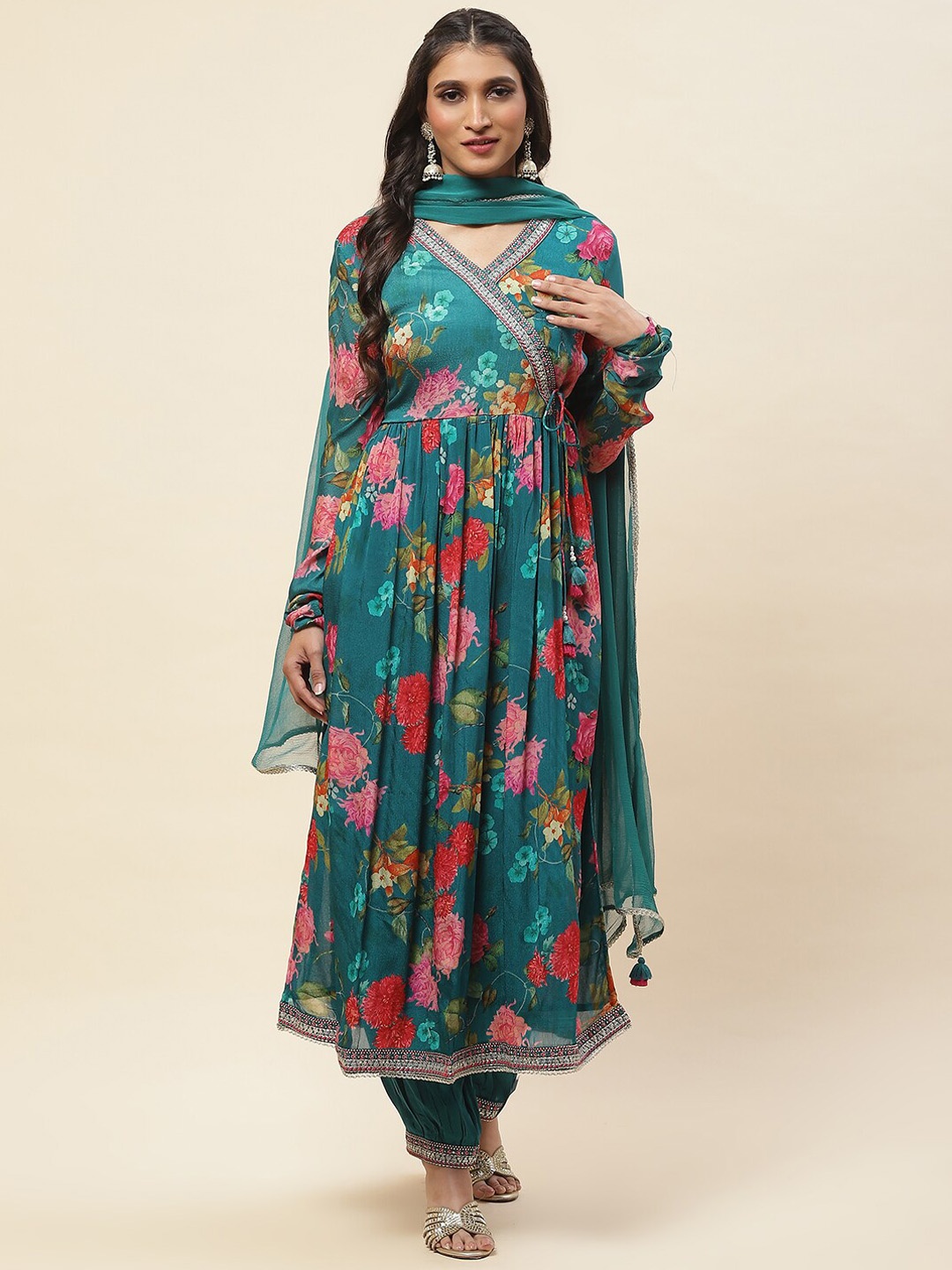 

Meena Bazaar Floral Printed Sequinned Angrakha Kurta With Trousers & Dupatta, Teal