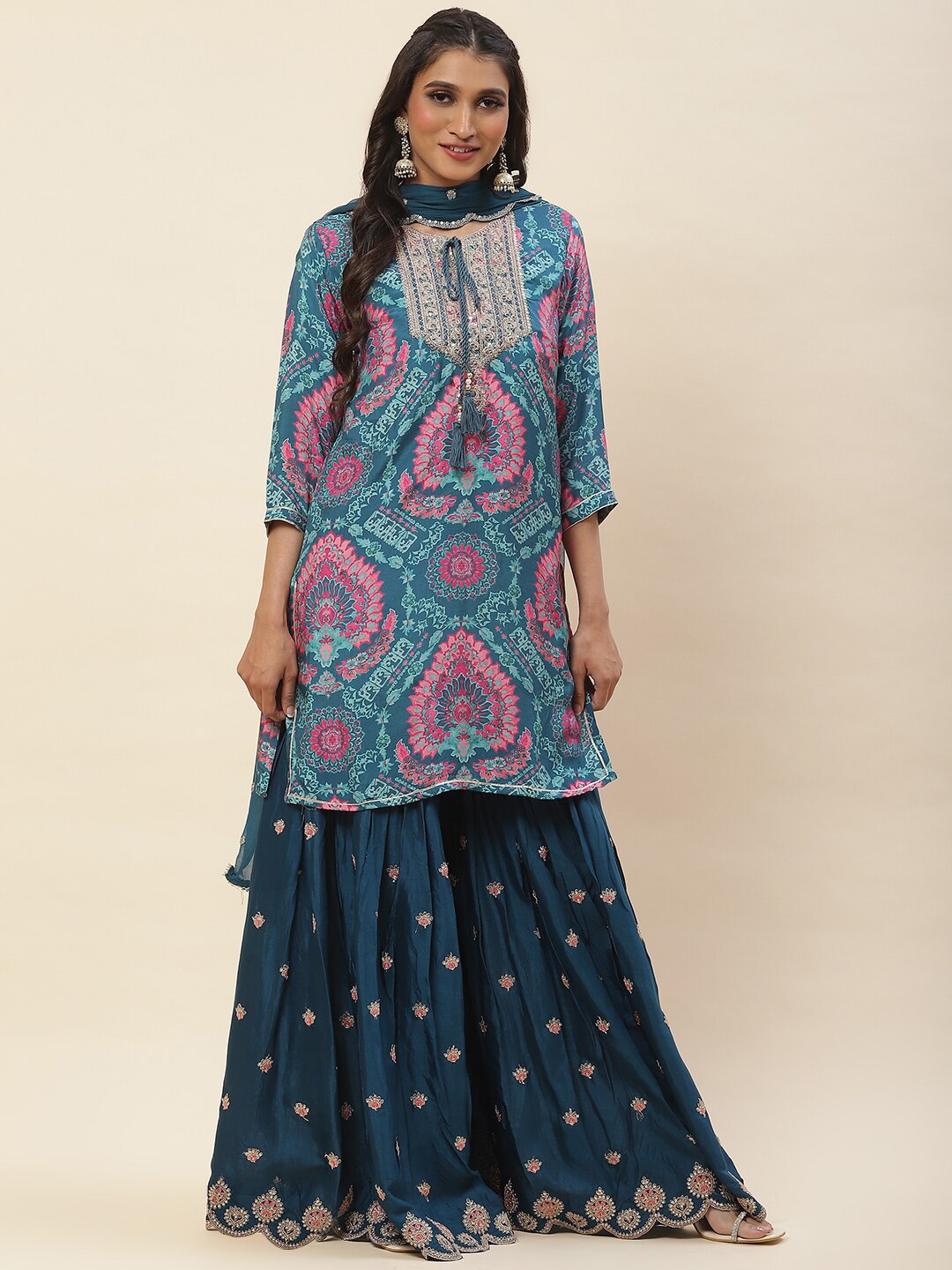 

Meena Bazaar Ethnic Motif Printed Kurta & Trousers With Dupatta, Teal