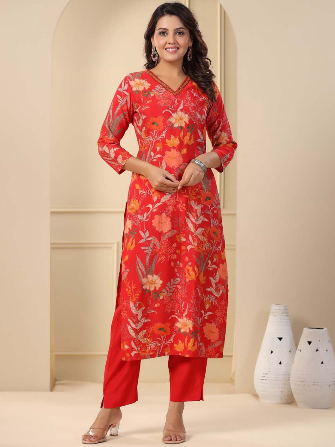 

Meena Bazaar Printed Kurta with Trousers, Red