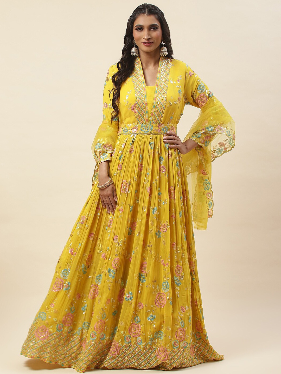 

Meena Bazaar Floral Embroidered Sequined A-Line Pleated Kurta & Churidar With Dupatta, Mustard