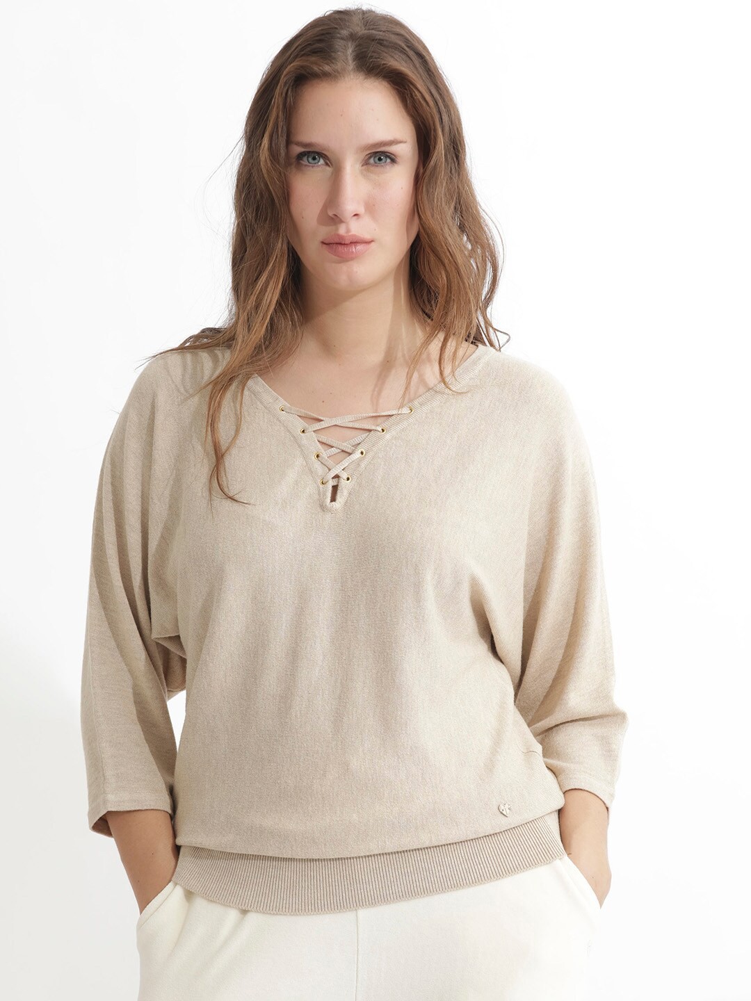 

RAREISM V-Neck Lace-Up Top, Beige