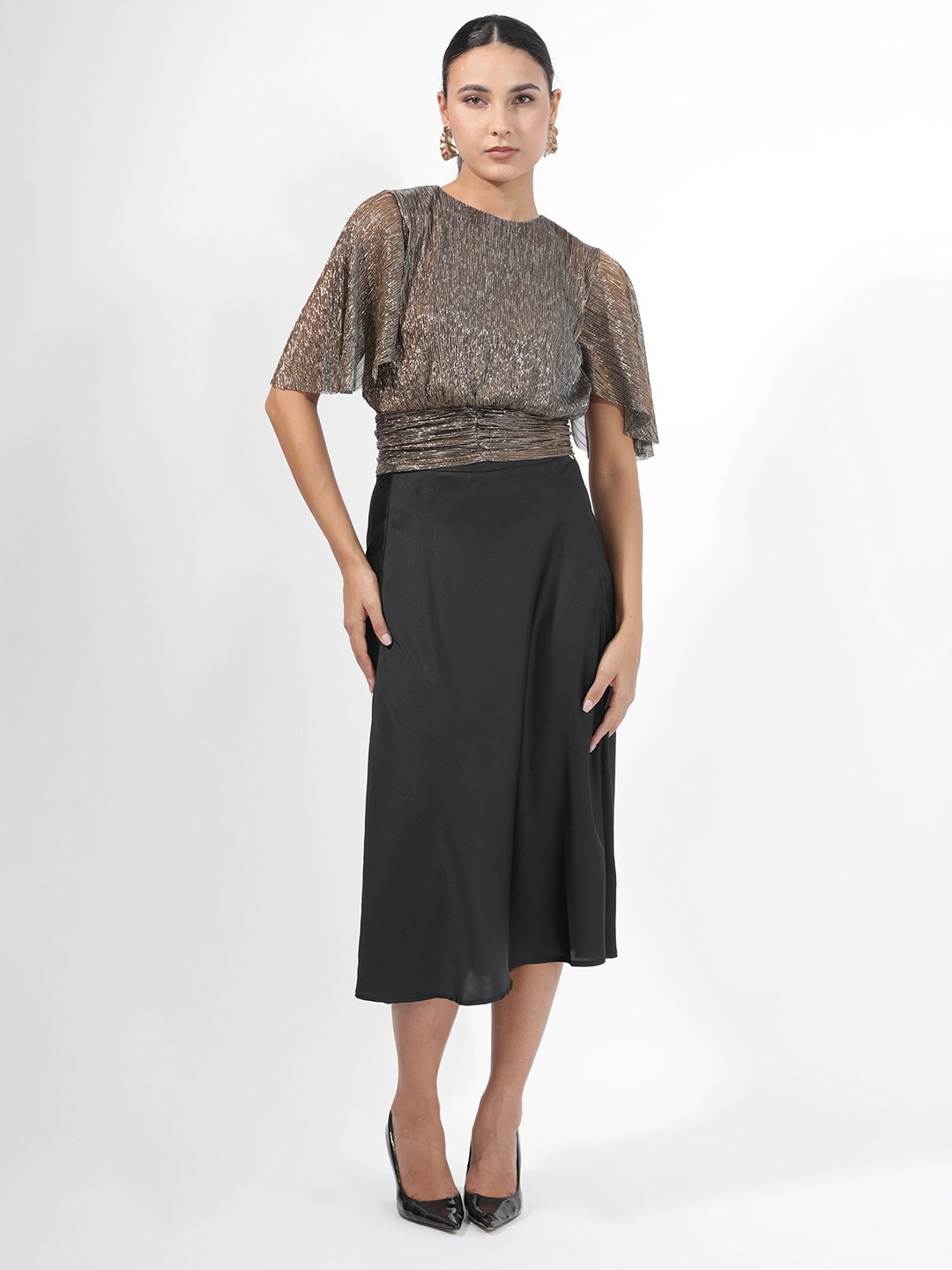 

RAREISM Embellished Flared sleeves Bling & Sparkly Blouson Top, Gold