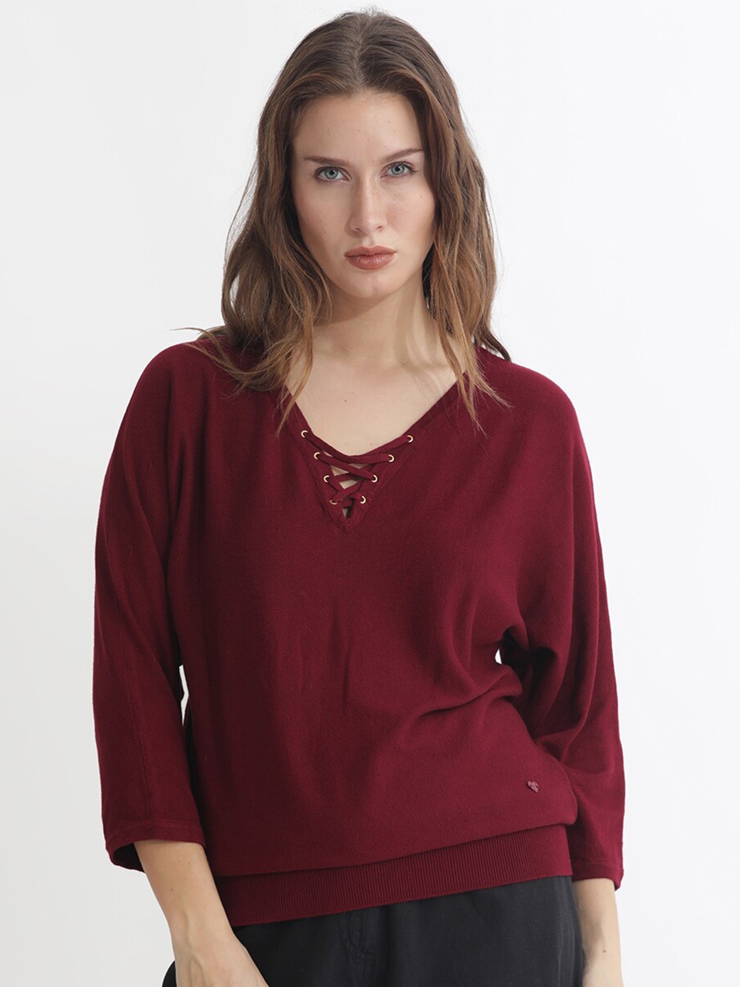 

RAREISM V-Neck Lace-Up Top, Maroon