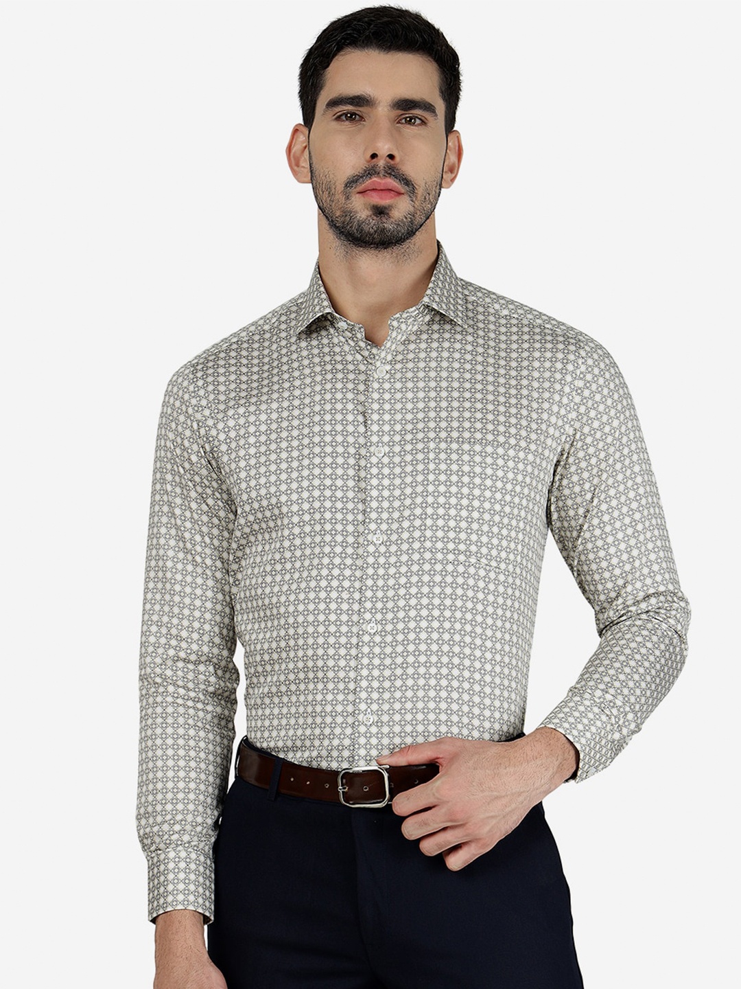 

Greenfibre Geometric Printed Slim Fit Opaque Shirt, Beige