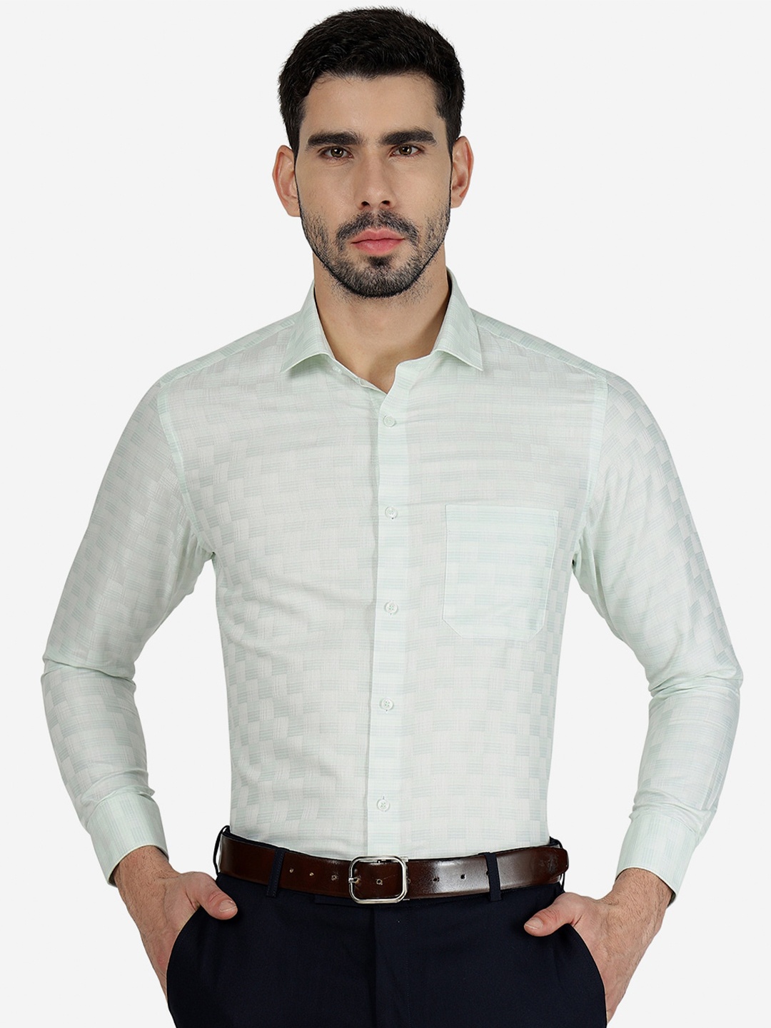 

Greenfibre Slim Fit Other Checks Spread Collar Long Sleeve Pocket Shirt, Green