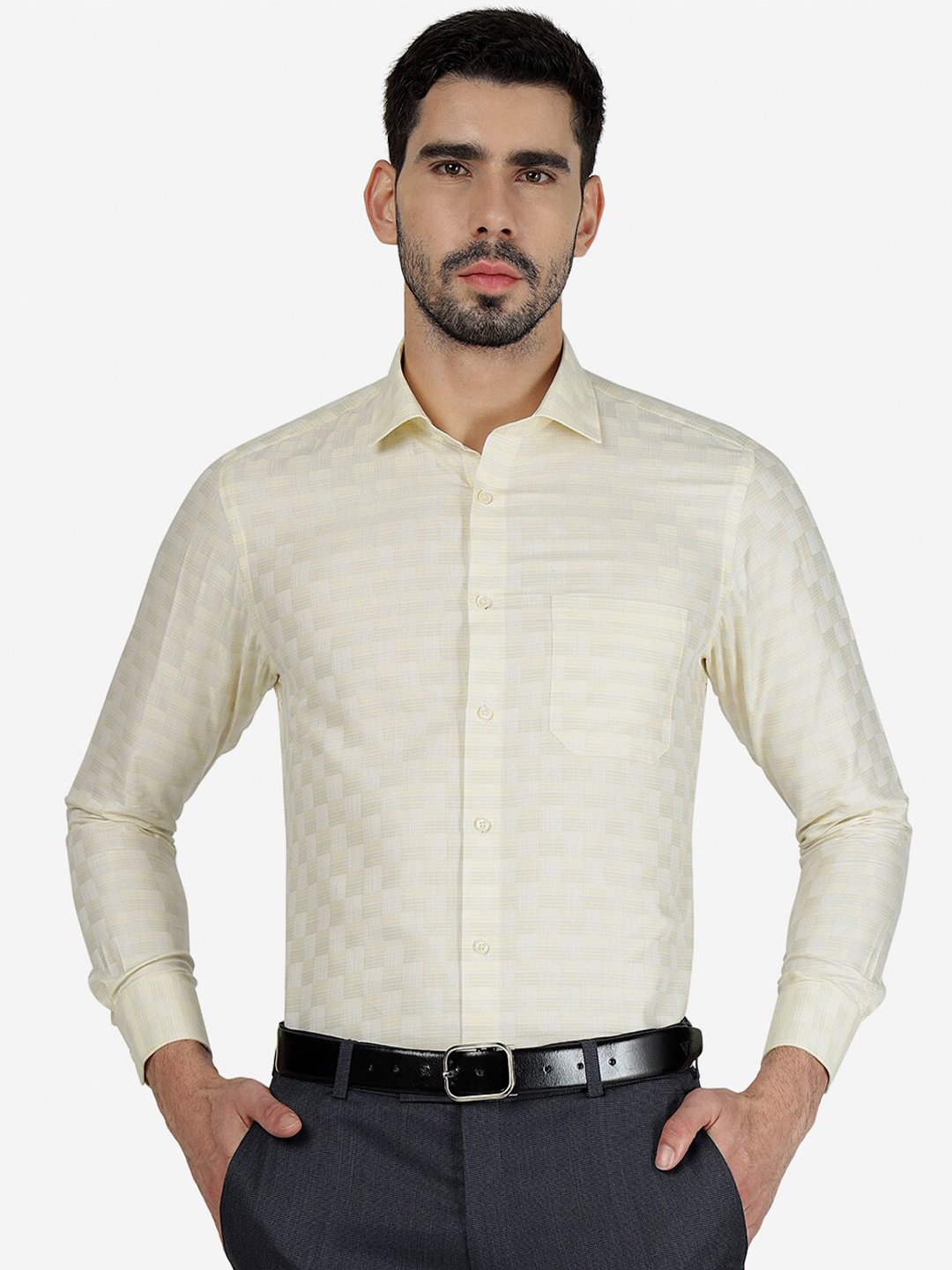 

Greenfibre Slim Fit Self Design Textured Formal Shirt, Yellow