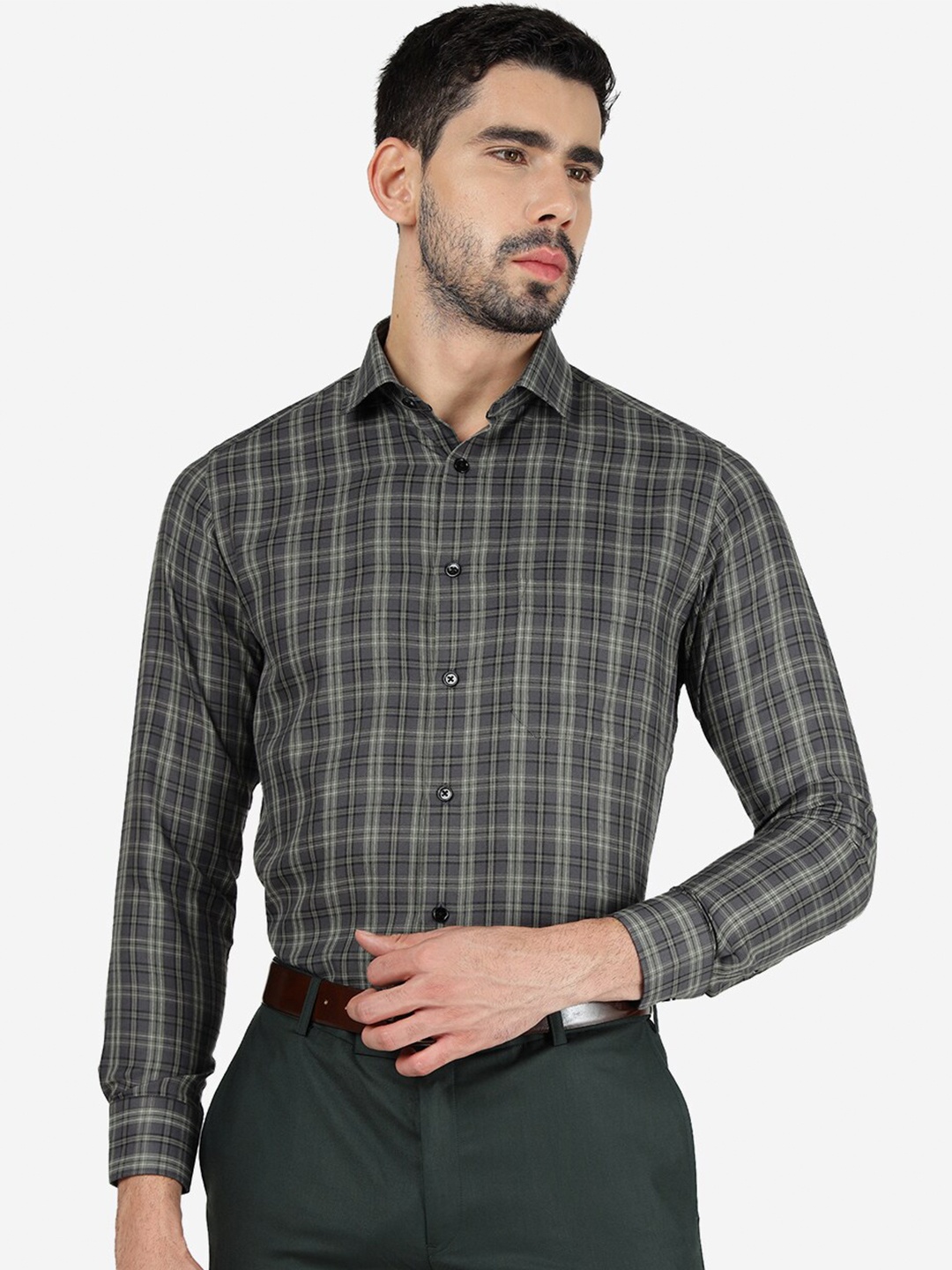 

Greenfibre Slim Fit Tartan Checks Formal Shirt, Green