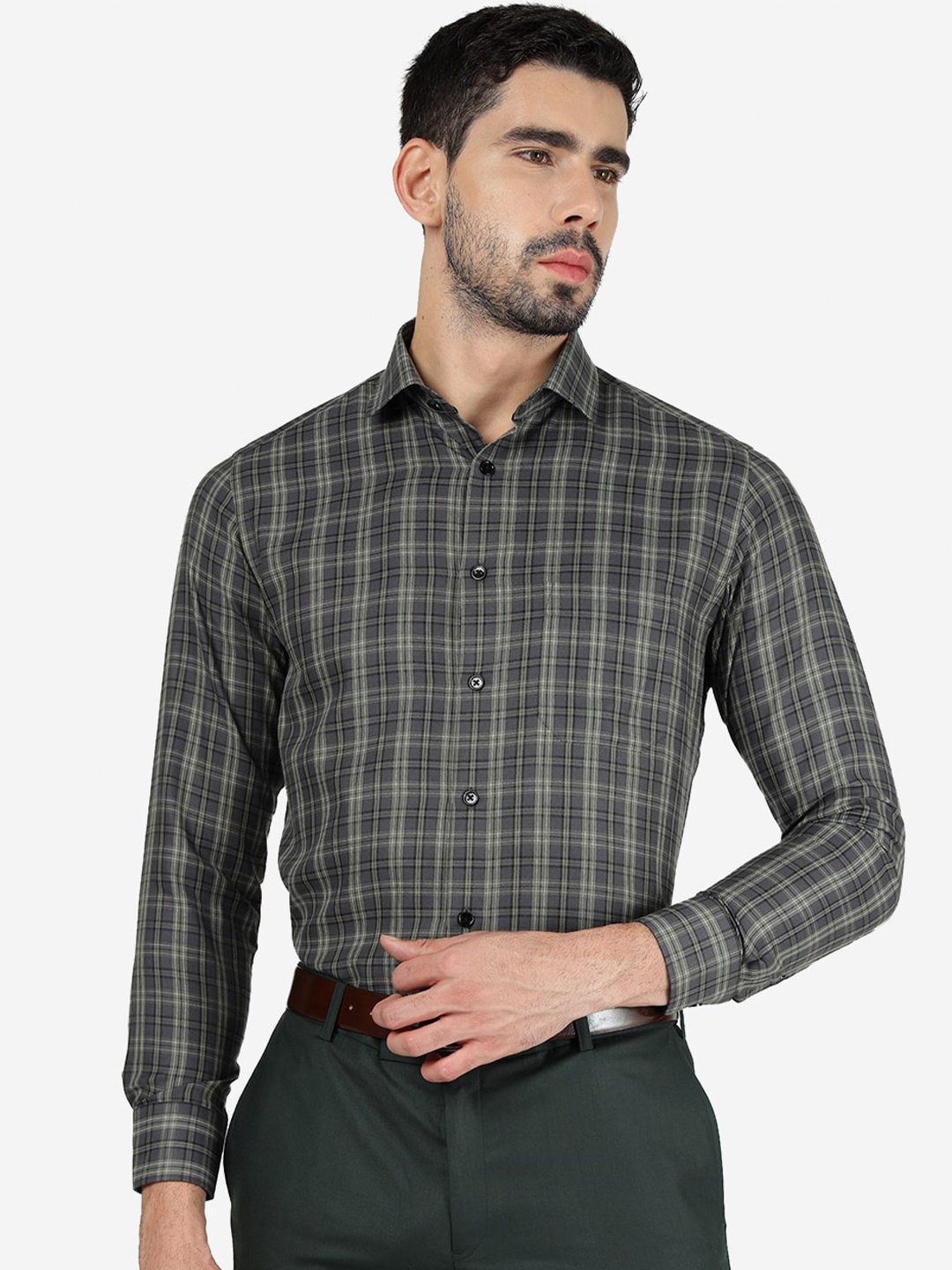 

Greenfibre Slim Fit Tartan Checks Spread Collar Long Sleeve Pocket Shirt, Green