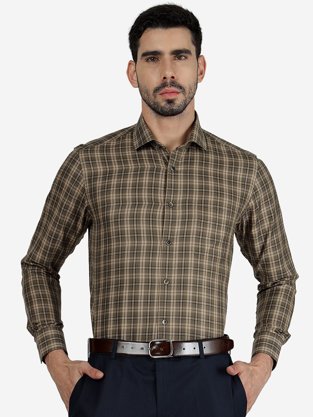 

Greenfibre Slim Fit Tartan Checks Spread Collar Long Sleeve Pocket Shirt, Beige