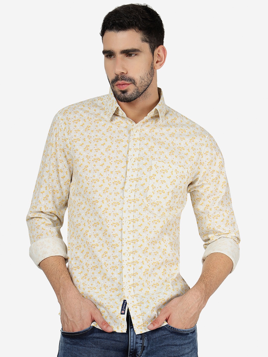 

Greenfibre Floral Printed Cotton Slim Fit Opaque Shirt, Yellow