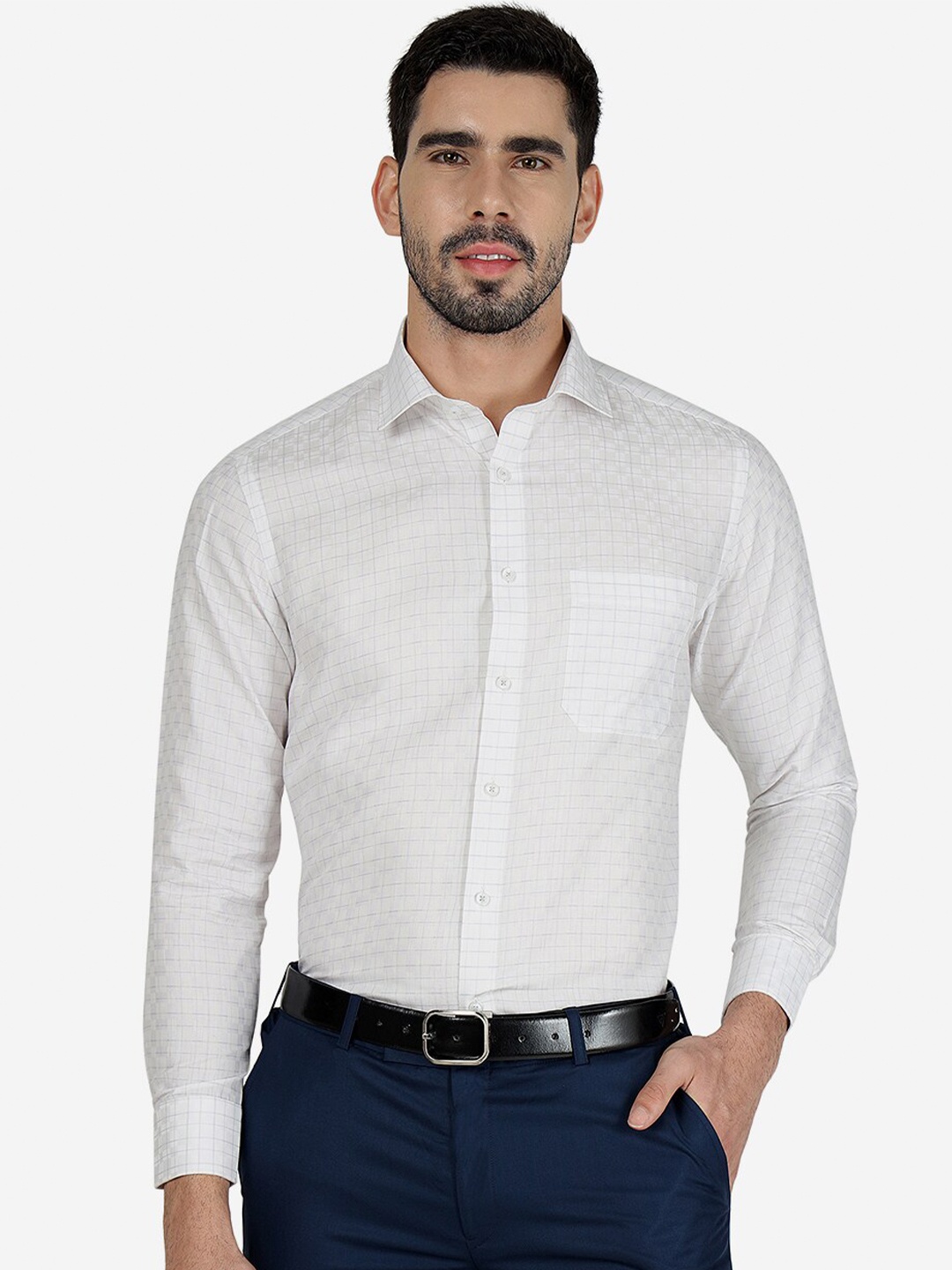 

Greenfibre Men White Slim Fit Opaque Checked Shirt