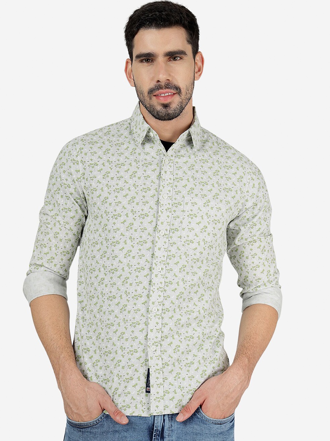 

Greenfibre Slim Fit Floral Printed Pure Cotton Shirt, Green