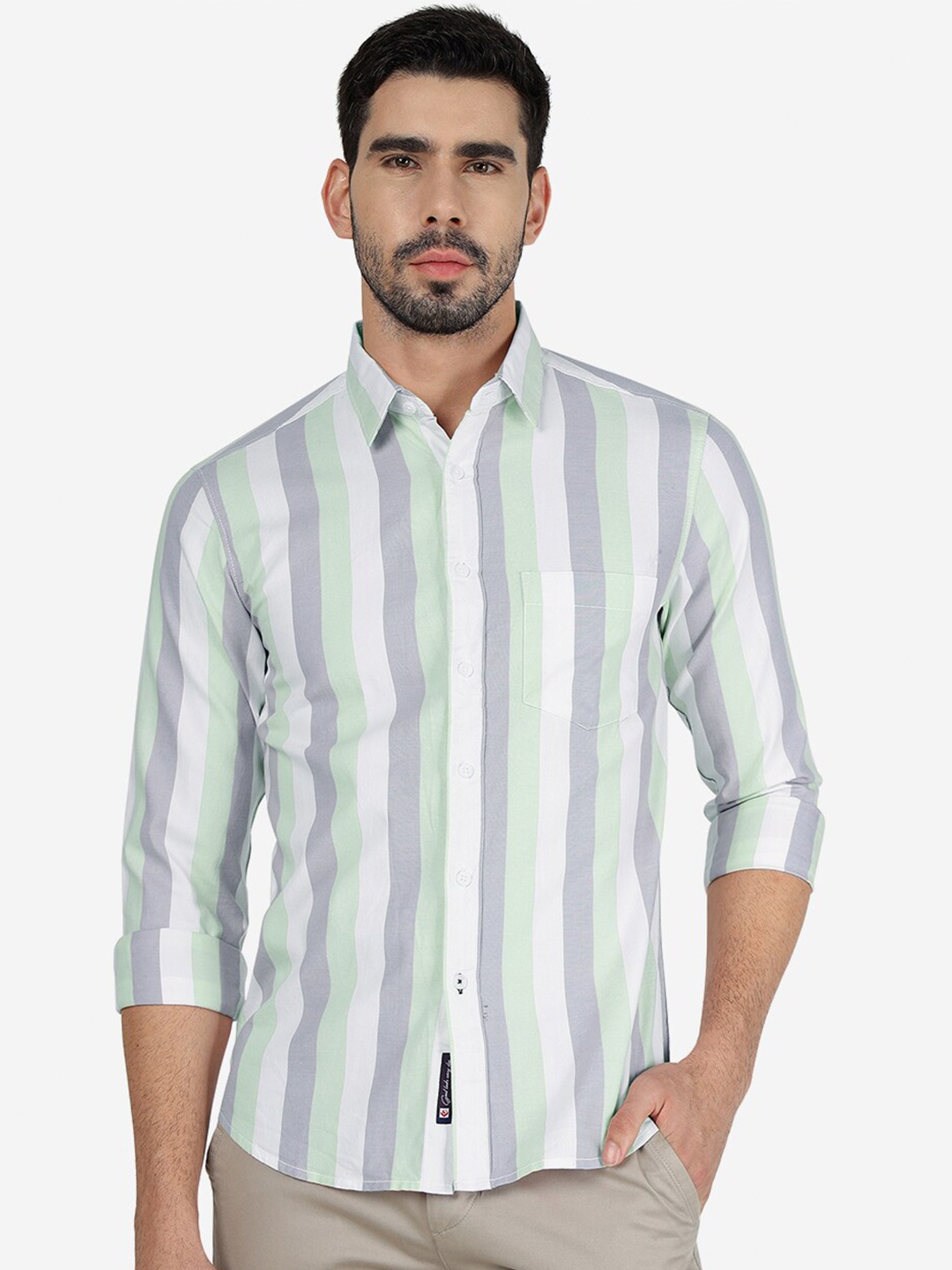 

Greenfibre Slim Fit Vertical Stripes Long Sleeve Pocket Cotton Shirt, Grey