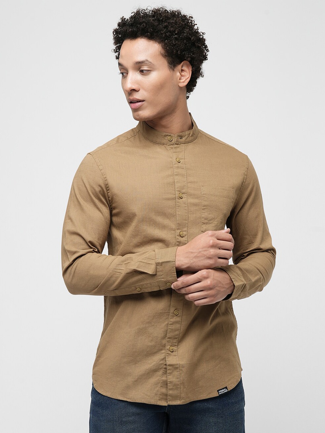 

Jack & Jones Band Collar Pure Cotton Slim Fit Casual Shirt, Brown