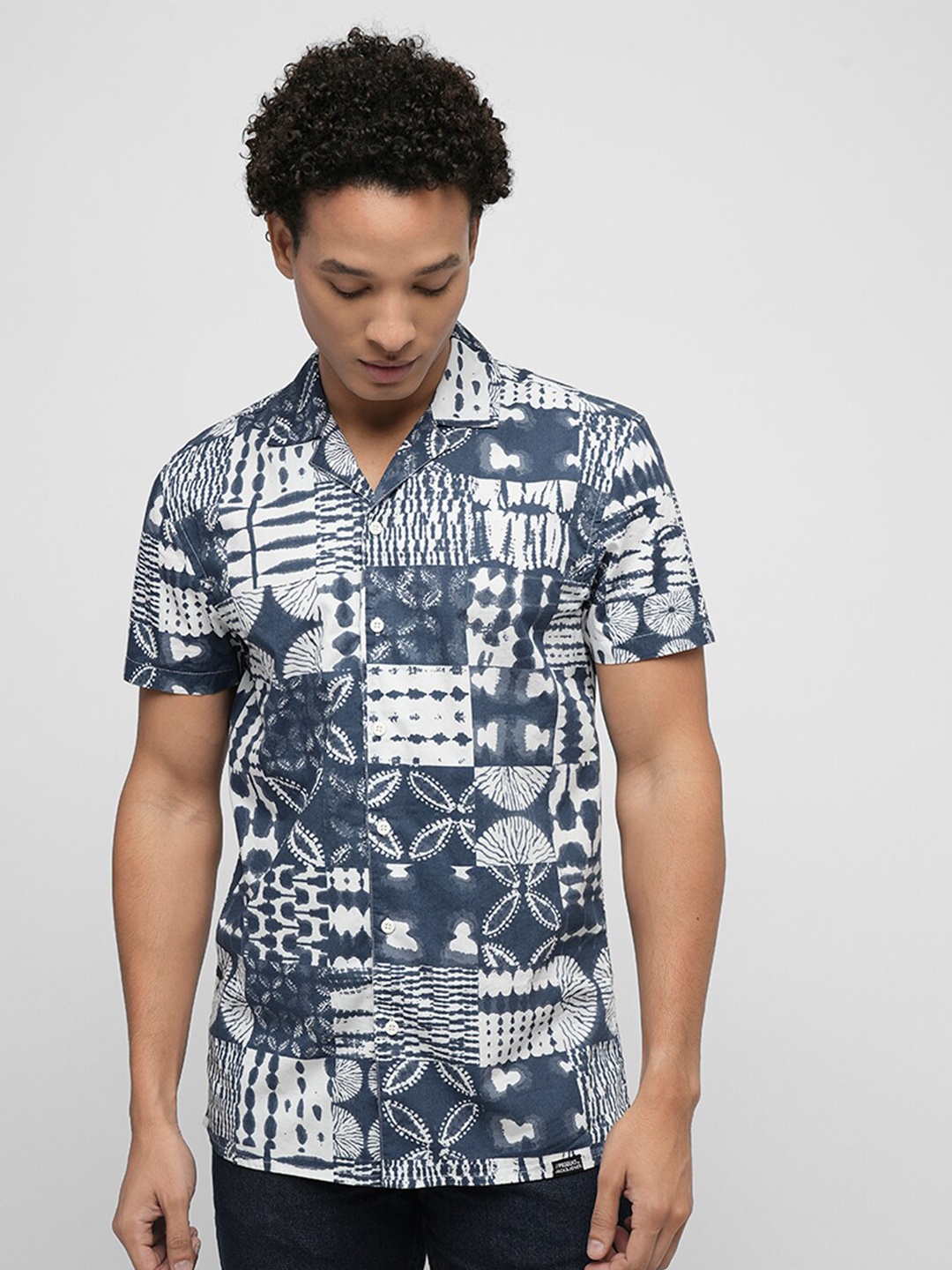 

Jack & Jones Abstract Printed Cuban Collar Pure Cotton Shirt, Blue