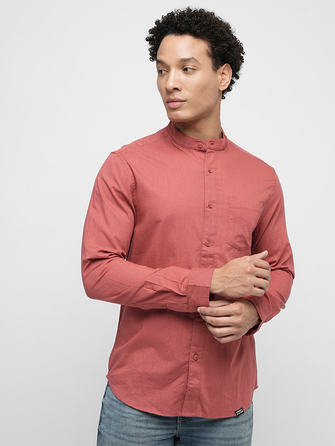 

Jack & Jones Slim Fit Mandarin Collar Pure Cotton Casual Shirt, Red