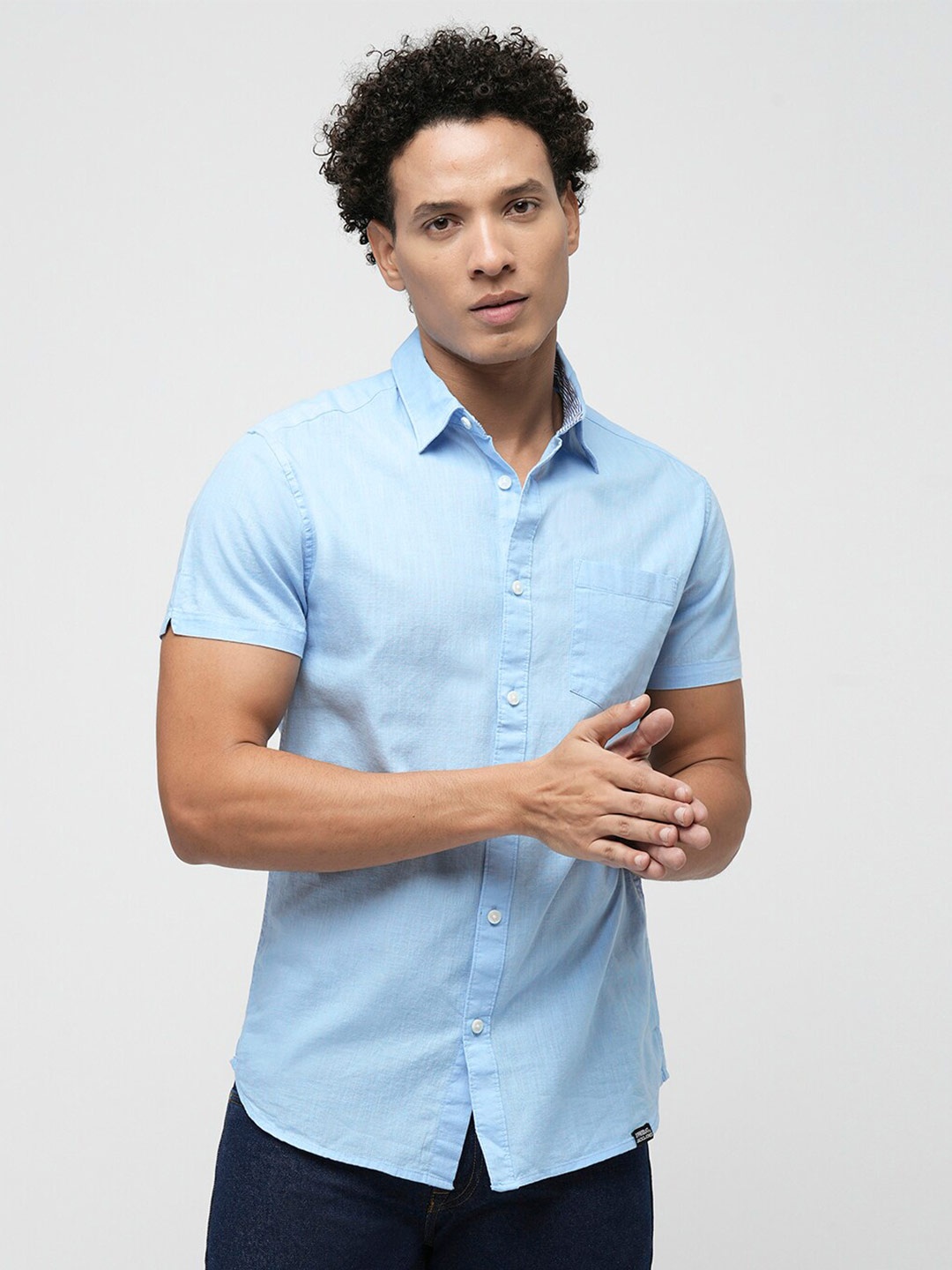 

Jack & Jones Slim Fit Spread Collar Pure Cotton Casual Shirt, Blue