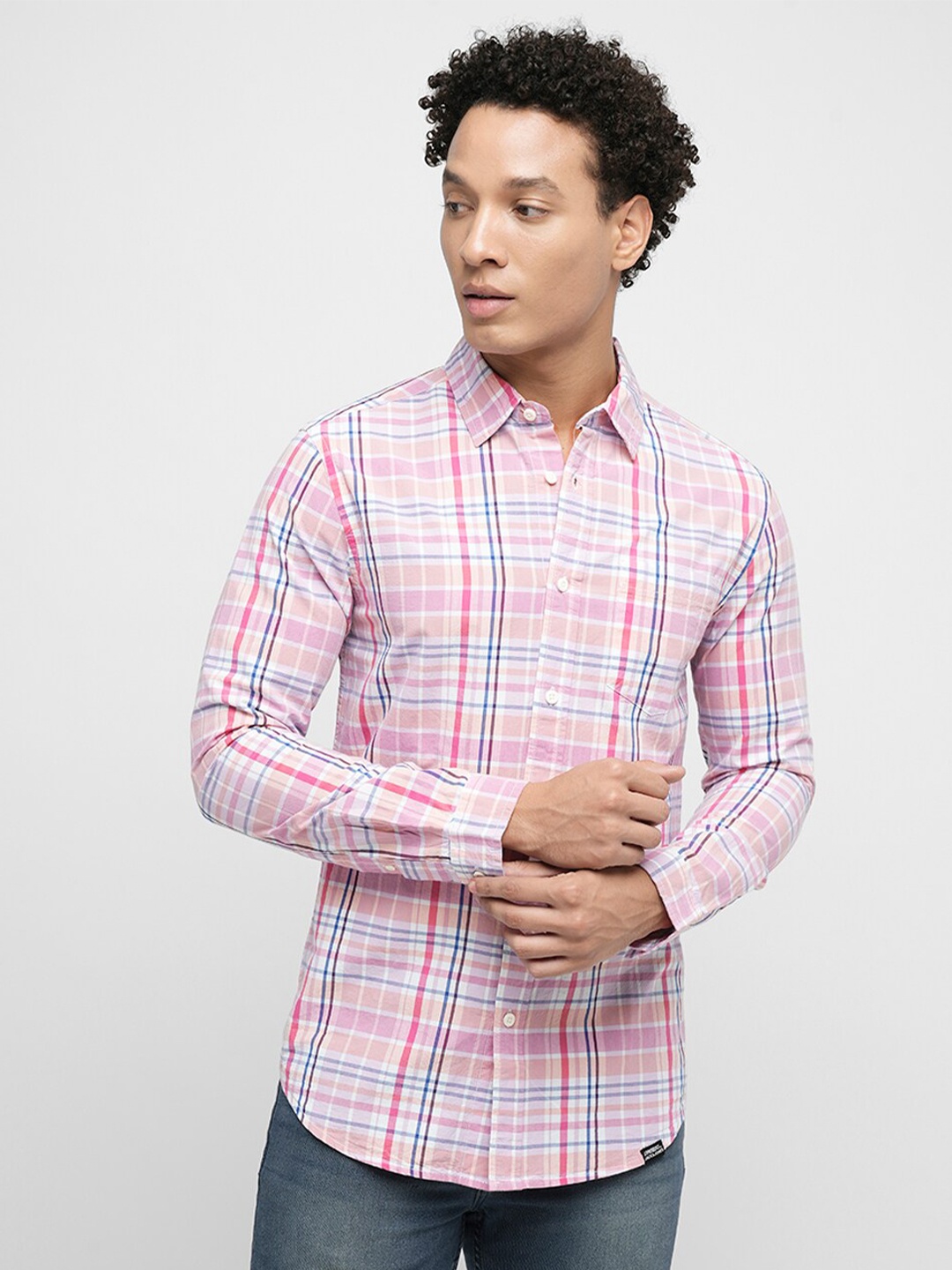 

Jack & Jones Slim Fit Tartan Checks Pure Cotton Casual Shirt, Pink