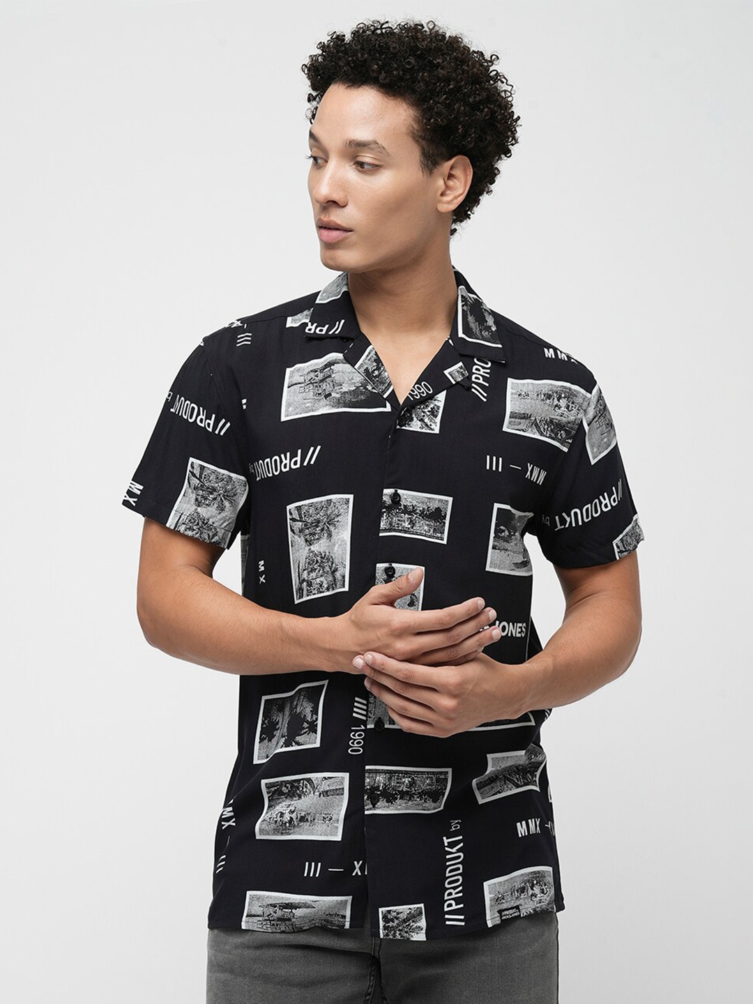 

Jack & Jones Slim Fit Graphic Printed Cuban Collar Casual Shirt, Black