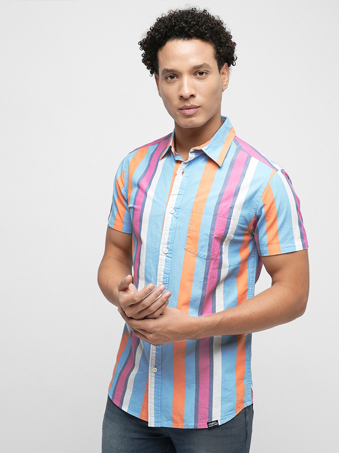 

Jack & Jones Slim Fit Striped Spread Collar Pure Cotton Casual Shirt, Blue