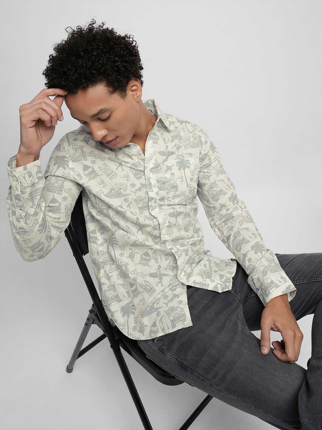 

Jack & Jones Slim Fit Abstract Printed Pure Cotton Casual Shirt, Beige