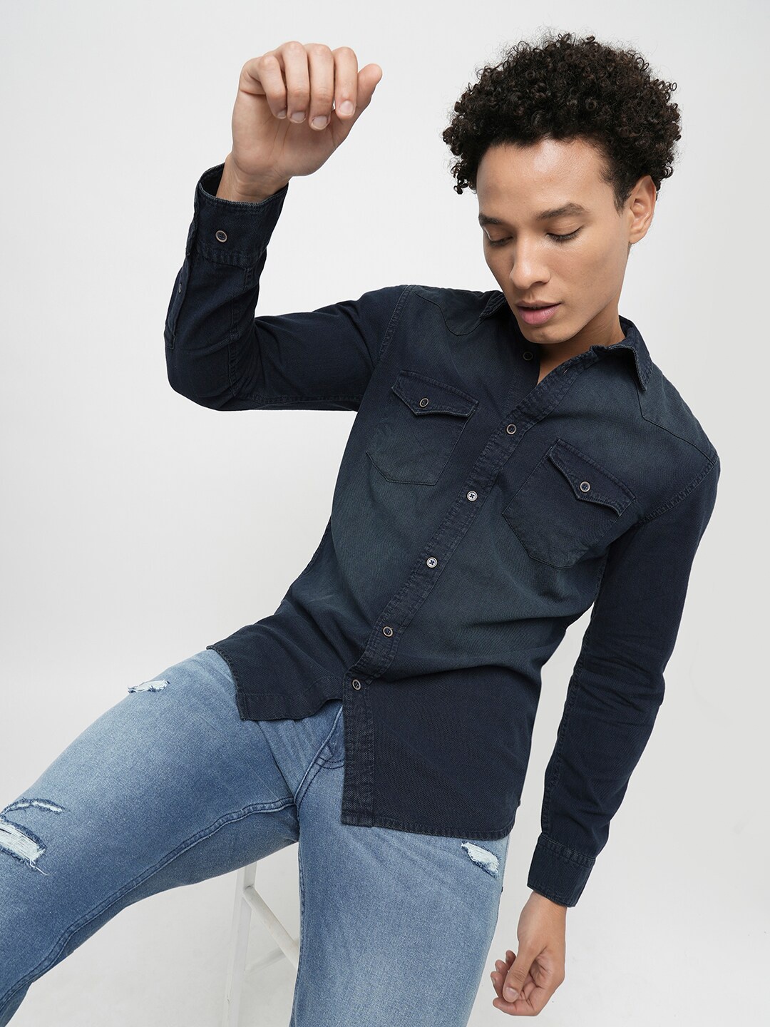 

Jack & Jones Slim Fit Spread Collar Pure Cotton Casual Shacket, Navy blue