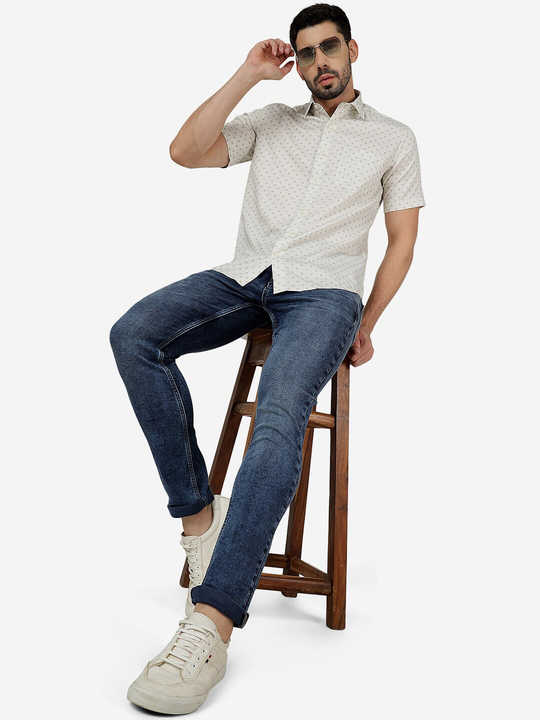 

JADE BLUE Slim Fit Micro Ditsy Printed Pure Cotton Casual Shirt, Beige