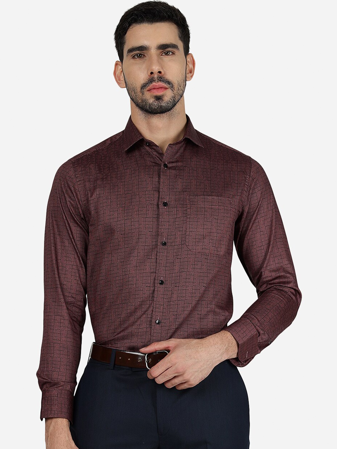 

METAL Slim Fit Geometric Printed Pure Cotton Formal Shirt, Brown
