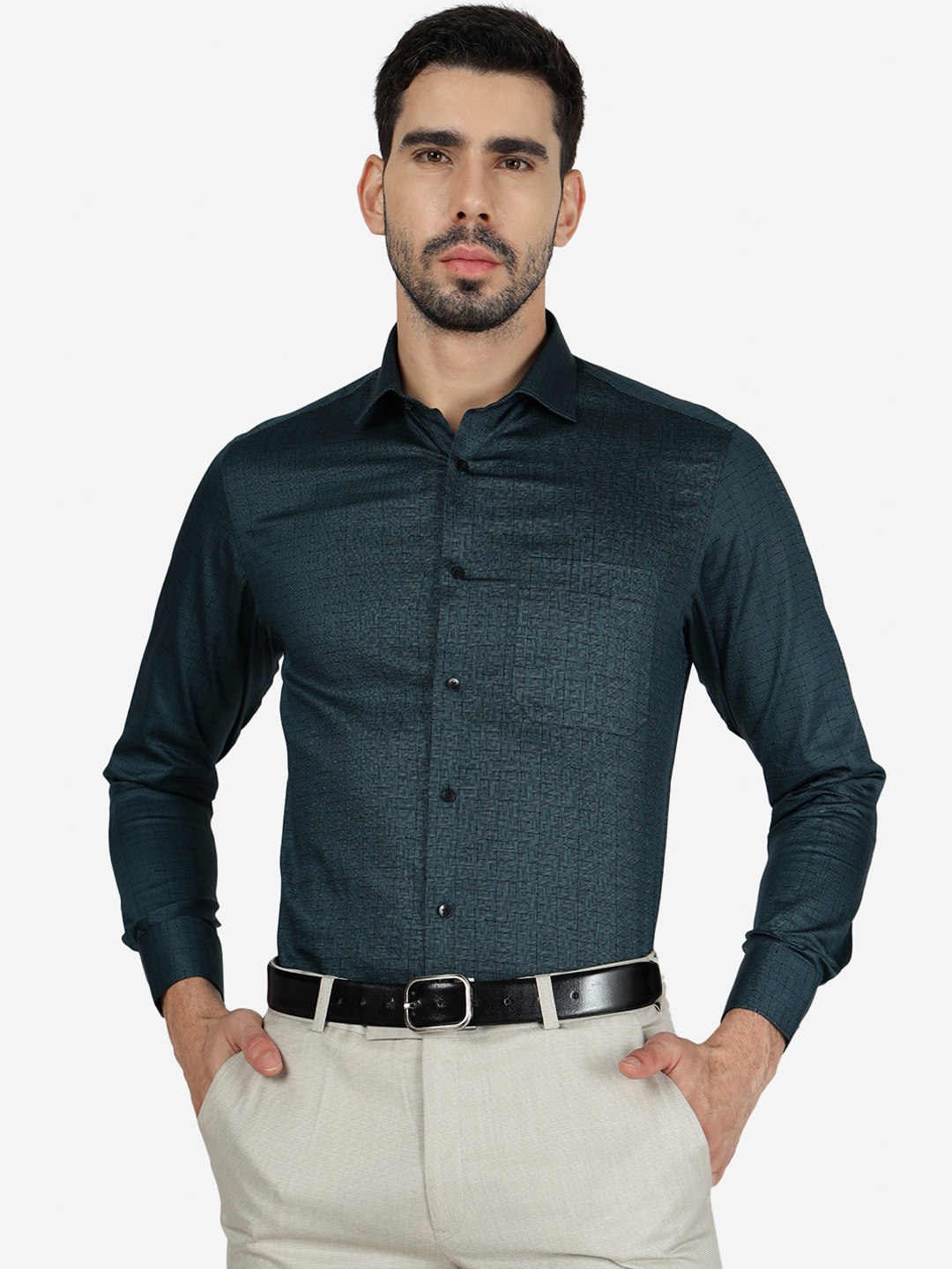 

METAL Geometric Printed Pure Cotton Slim Fit Shirt, Green