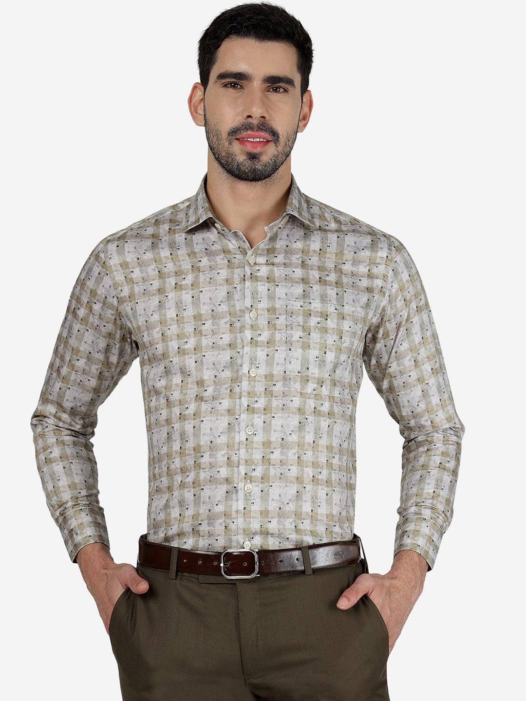 

METAL Slim Fit Geometric Printed Pure Cotton Formal Shirt, Beige