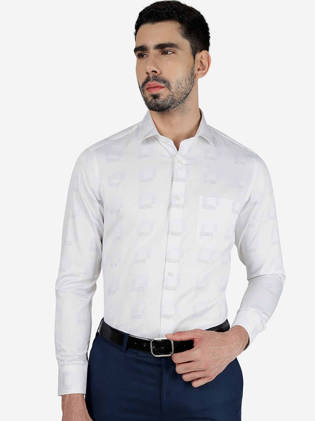 

METAL Slim Fit Geometric Printed Pure Cotton Formal Shirt, White