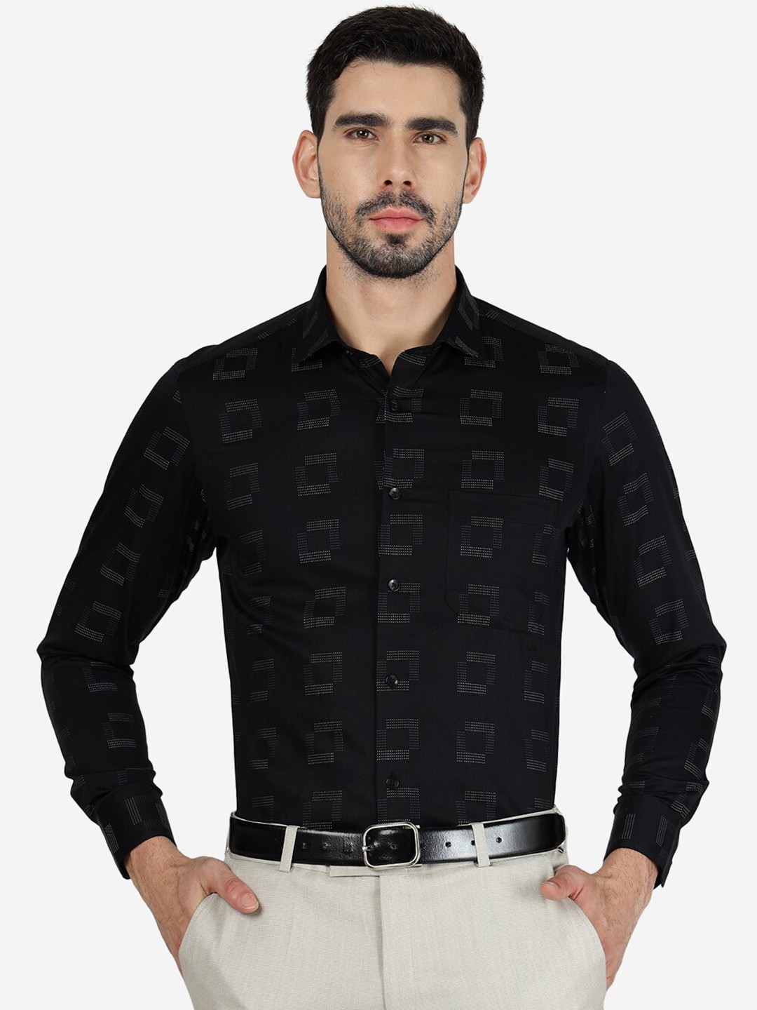 

METAL Slim Fit Geometric Printed Pure Cotton Formal Shirt, Black