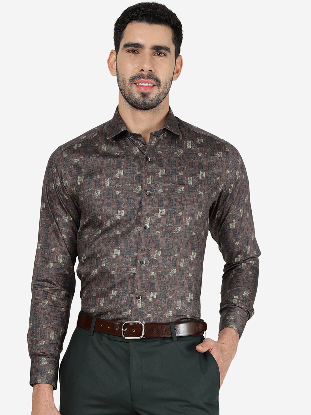 

METAL Slim Fit Geometric Printed Spread Collar Long Sleeve Pocket Cotton Shirt, Maroon